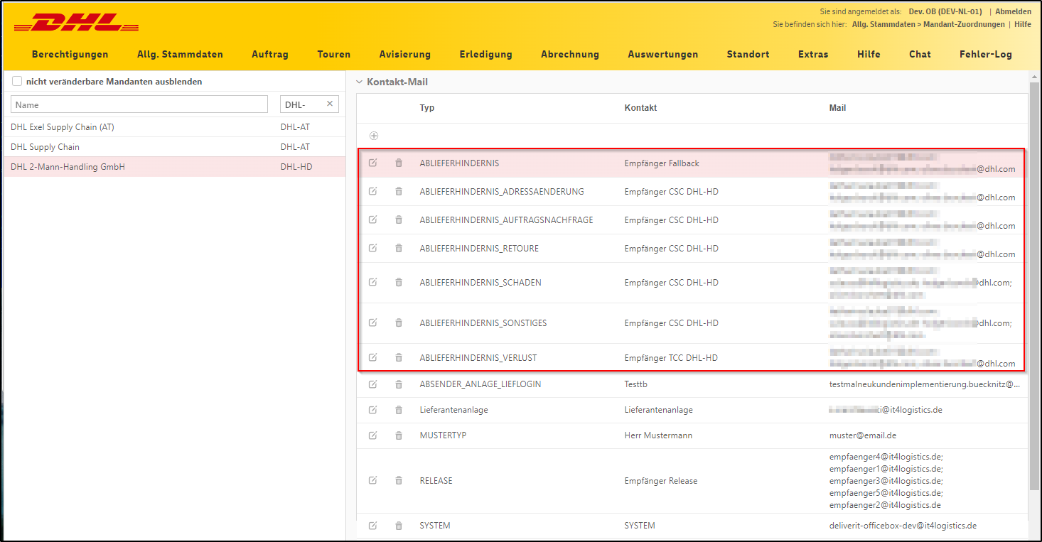 Konfiguration der Kontakt-Emails