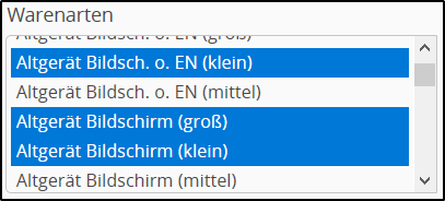 Warenarten Mehrfachauswahl