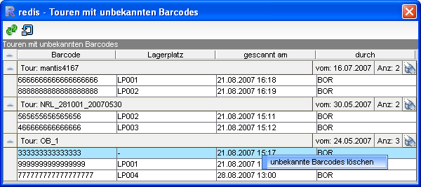 Anzeige aller Touren mit unbekannten Barcodes