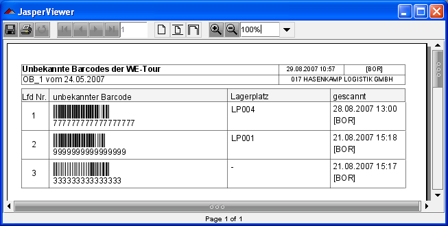 Liste der unbekannten Barcodes zur Tour